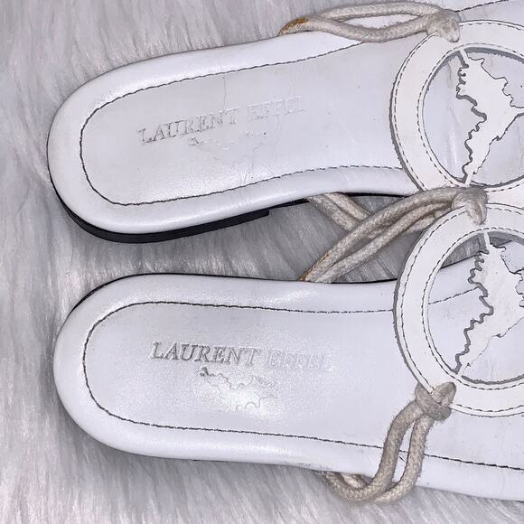 Laurent Effel Leather Logo Thong Sandal Logo Flat Flip Flops, White - Picture 4 of 5